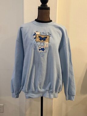 Light Blue Butterfly Embroidered Crewneck Sweater grandma core🦋
